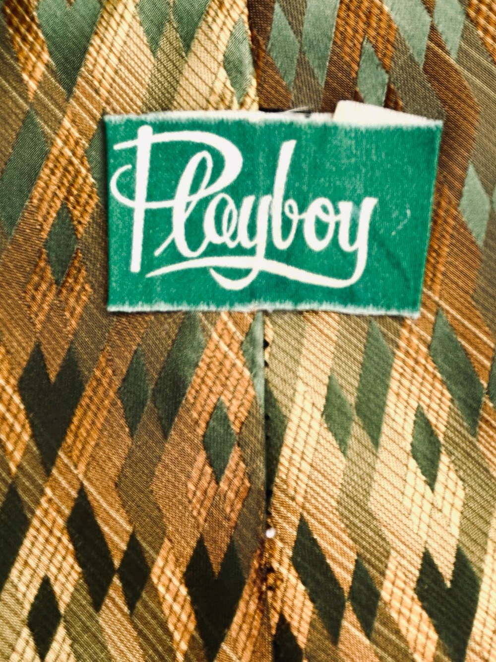 Vintage PLAYBOY Tie Gold & Green Satiny 70s  3 3/4” Wide Disco Dandy Glam God